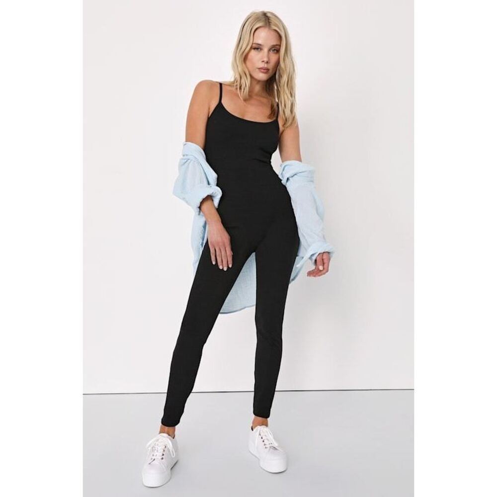 Lulus Super Base Black Ribbed Knit Bodycon Lounge Jumpsuit - Size XS